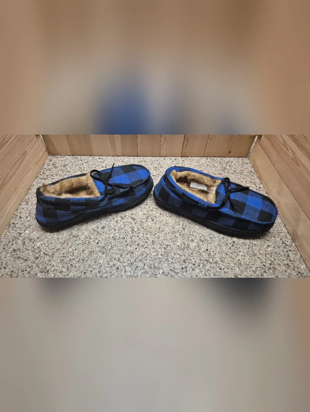 ​Norty Youth Boys Slipper Moccasins Sz 4 Blue Black Buffalo Plaid Faux Fur Lined